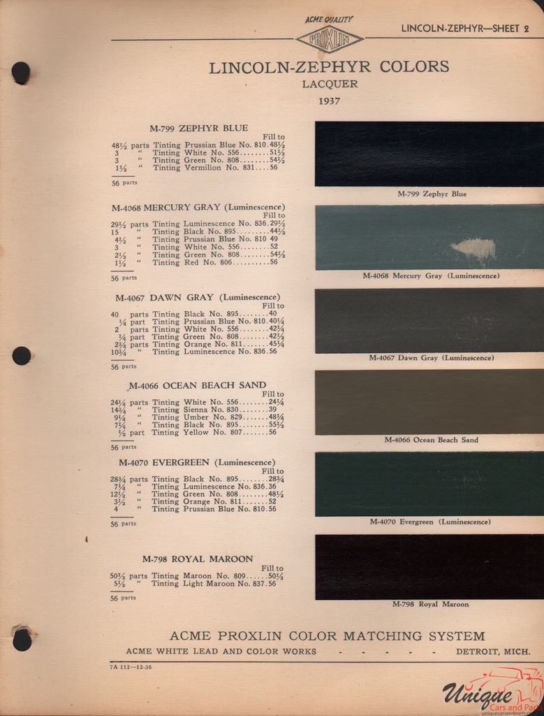 1937 Lincoln Paint Charts Acme